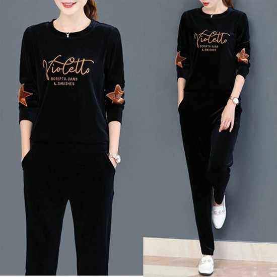 Velvet Full Sleeve Sportswear Two-Piece Women Tracksuit - Black |image