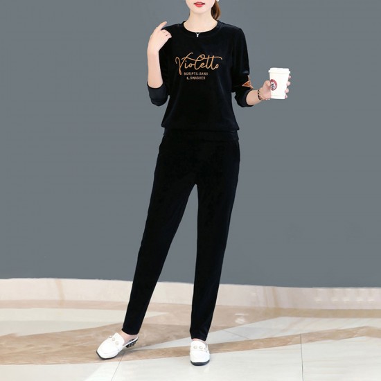 Velvet Full Sleeve Sportswear Two-Piece Women Tracksuit - Black |image