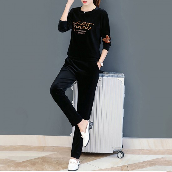 Velvet Full Sleeve Sportswear Two-Piece Women Tracksuit - Black |image