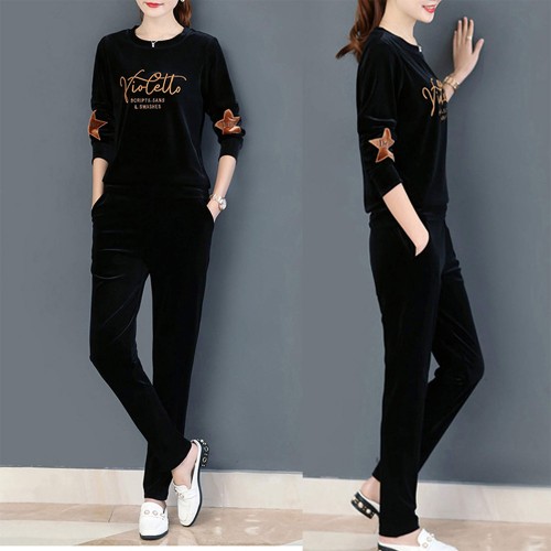 Velvet Full Sleeve Sportswear Two-Piece Women Tracksuit - Black |image