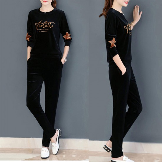 Velvet Full Sleeve Sportswear Two-Piece Women Tracksuit - Black |image