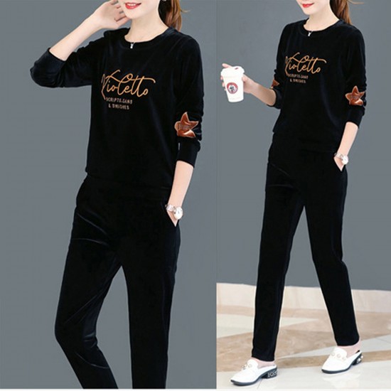Velvet Full Sleeve Sportswear Two-Piece Women Tracksuit - Black |image