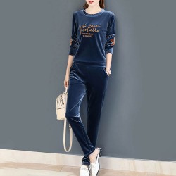 Velvet Full Sleeve Sportswear Two-Piece Women Tracksuit - Blue