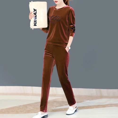 Velvet Full Sleeve Sportswear Two-Piece Women Tracksuit - Pink |image