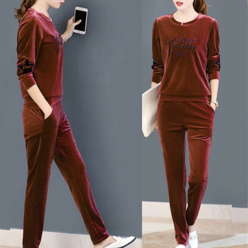 Velvet Full Sleeve Sportswear Two-Piece Women Tracksuit - Pink |image