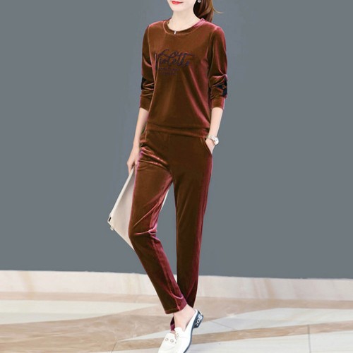 Velvet Full Sleeve Sportswear Two-Piece Women Tracksuit - Pink |image