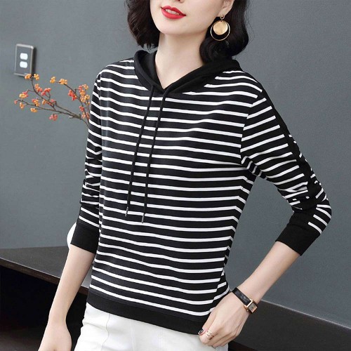 Hooded Cotton Fabric Striped Long-Sleeved Women Hoodie - Black |image