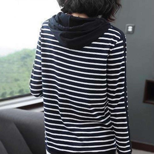 Hooded Cotton Fabric Striped Long-Sleeved Women Hoodie - Black |image
