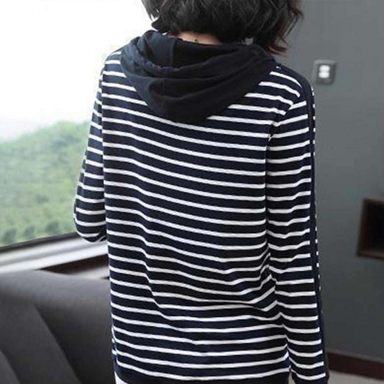 Hooded Cotton Fabric Striped Long-Sleeved Women Hoodie - Black |image
