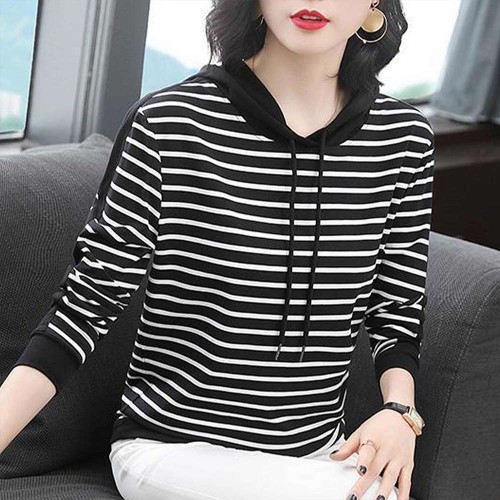 Hooded Cotton Fabric Striped Long-Sleeved Women Hoodie - Black |image
