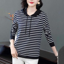Hooded Cotton Fabric Striped Long-Sleeved Women Hoodie - Black