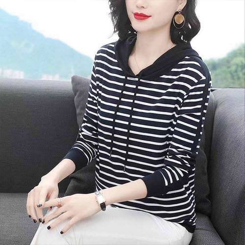 Hooded Cotton Fabric Striped Long-Sleeved Women Hoodie - Black |image