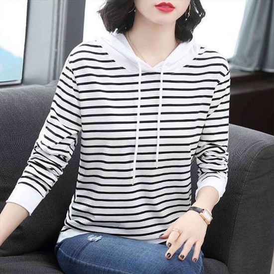 Hooded Cotton Fabric Striped Long-Sleeved Women Hoodie - White |image