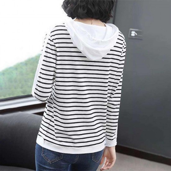 Hooded Cotton Fabric Striped Long-Sleeved Women Hoodie - White |image