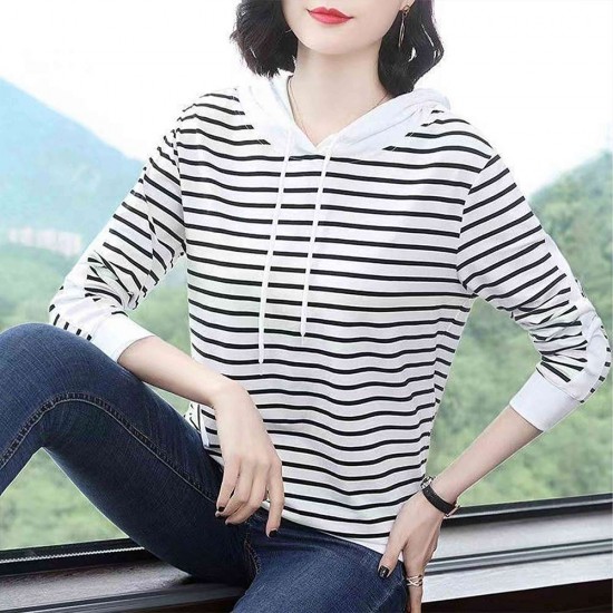 Hooded Cotton Fabric Striped Long-Sleeved Women Hoodie - White |image