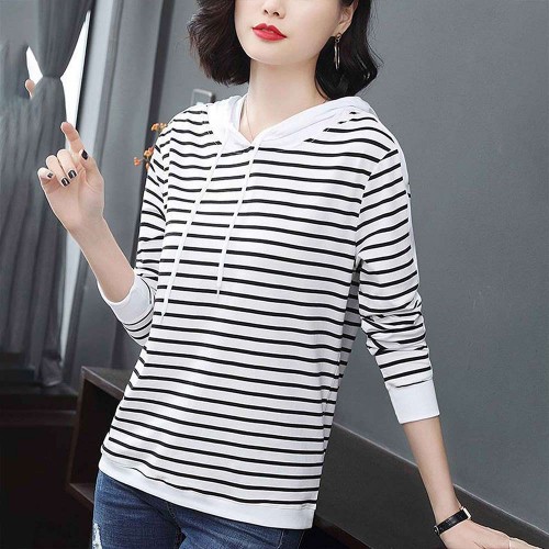 Hooded Cotton Fabric Striped Long-Sleeved Women Hoodie - White |image