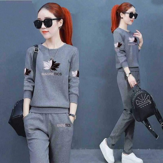 Korean Style Sports Long Sleeve Two-Piece Women Tracksuit - Grey |image