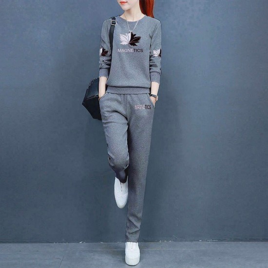 Korean Style Sports Long Sleeve Two-Piece Women Tracksuit - Grey |image