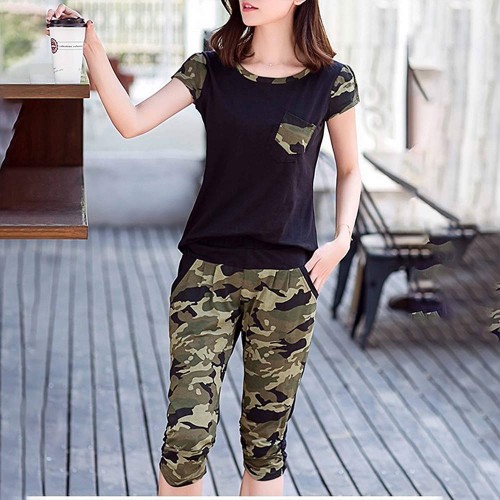Camouflage Sports Slim Fit Two-Piece Cropped Sportswear - Black |image