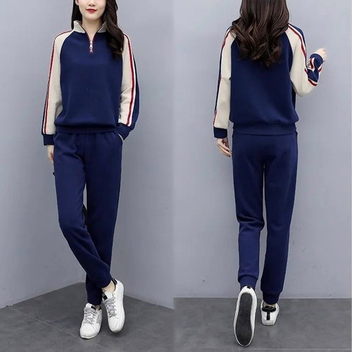 Full Sleeve Striped Zippered Sports Two Piece Women Tracksuit - Blue |image