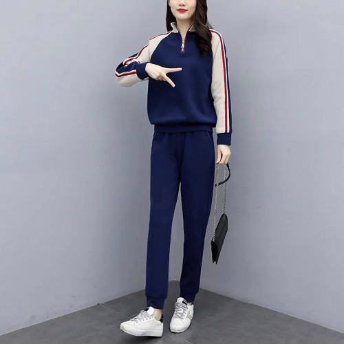 Full Sleeve Striped Zippered Sports Two Piece Women Tracksuit - Blue |image