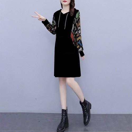 Long Sleeve Drawstring Letters Printed Mid-Length Women Hoodie - Black |image