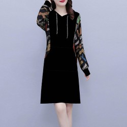 Long Sleeve Drawstring Letters Printed Mid-Length Women Hoodie - Black