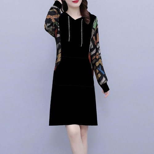 Long Sleeve Drawstring Letters Printed Mid-Length Women Hoodie - Black |image