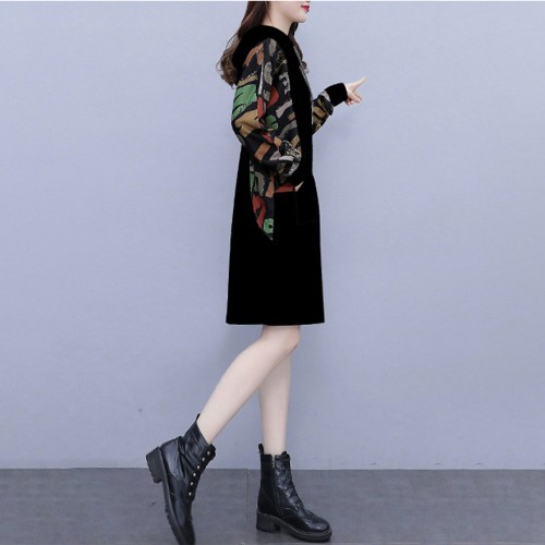 Long Sleeve Drawstring Letters Printed Mid-Length Women Hoodie - Black |image