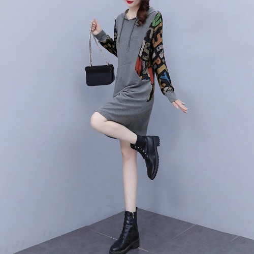 Long Sleeve Drawstring Letters Printed Mid-Length Women Hoodie - Grey |image