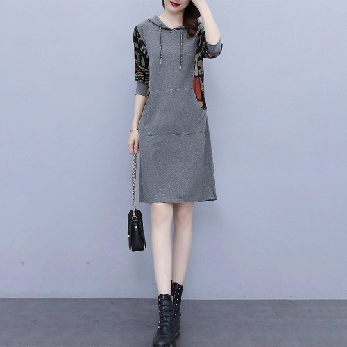 Long Sleeve Drawstring Letters Printed Mid-Length Women Hoodie - Grey |image