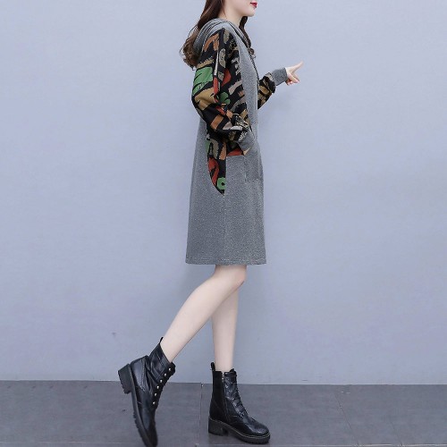 Long Sleeve Drawstring Letters Printed Mid-Length Women Hoodie - Grey |image