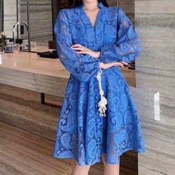 Slim Temperament Lace Swing Banquet Evening Dress - Blue 