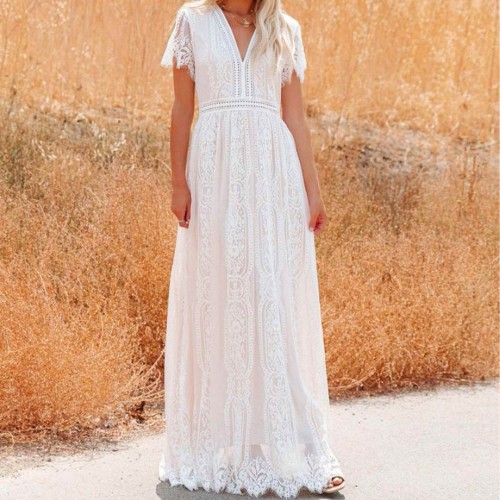 Cross-Border Floral Lace Short Sleeved Long Skirt Dress - White |image