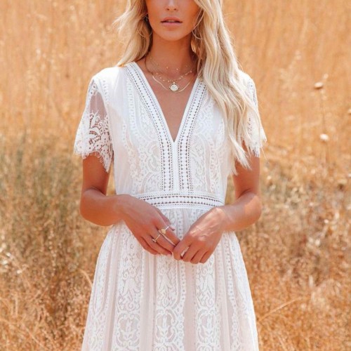 Cross-Border Floral Lace Short Sleeved Long Skirt Dress - White |image