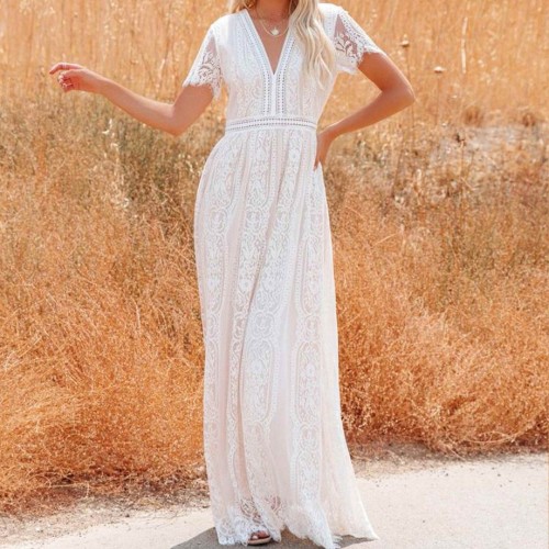 Cross-Border Floral Lace Short Sleeved Long Skirt Dress - White |image
