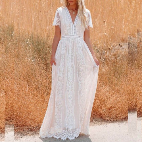 Cross-Border Floral Lace Short Sleeved Long Skirt Dress - White |image