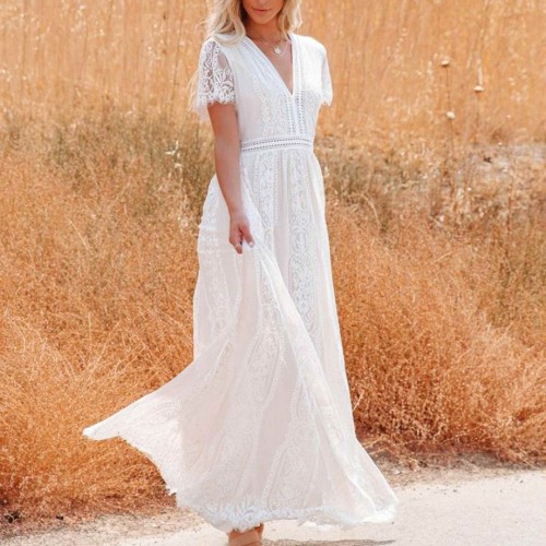Cross-Border Floral Lace Short Sleeved Long Skirt Dress - White |image