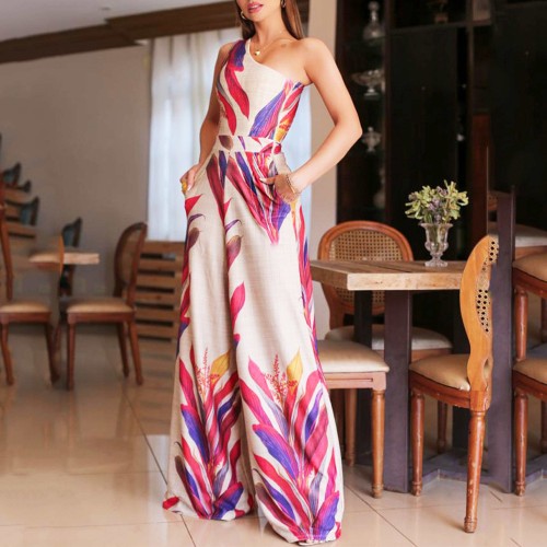 Cross-Border One-Shoulder Printed Sleeveless Slim Dress-White |image