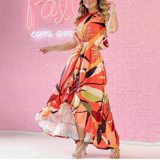 Pile Collar Printed Tie Knot Waist Midi Dress - Orange |image