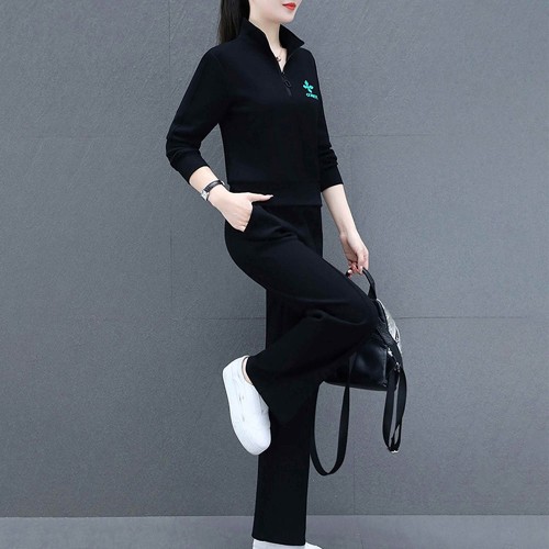 Full Sleeve Two Piece Casual Sportswear Women Tracksuit - Black |image