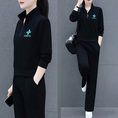 Full Sleeve Two Piece Casual Sportswear Women Tracksuit - Black |image
