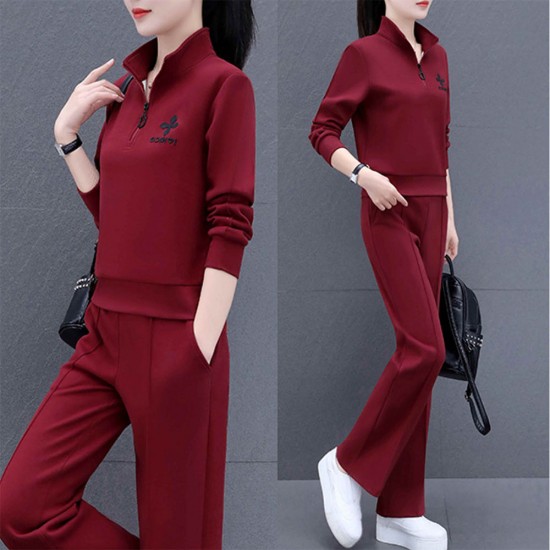 Full Sleeve Two Piece Casual Sportswear Women Tracksuit - Red |image