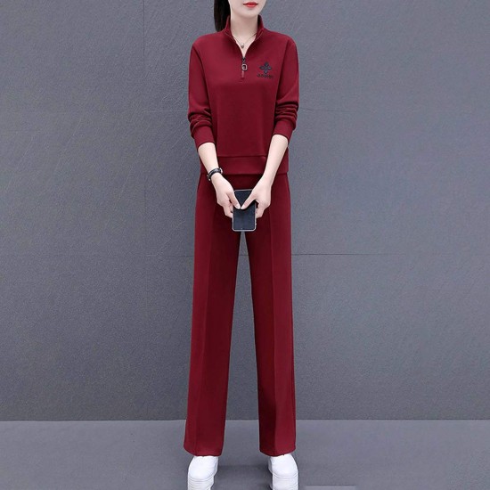 Full Sleeve Two Piece Casual Sportswear Women Tracksuit - Red |image