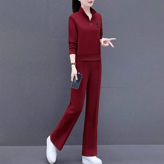 Full Sleeve Two Piece Casual Sportswear Women Tracksuit - Red |image