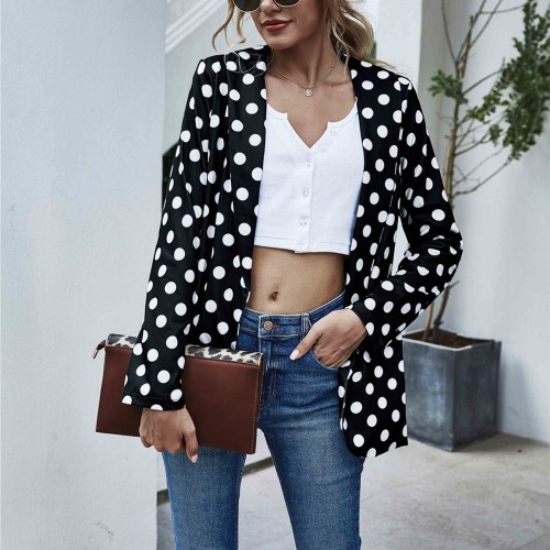 Independent Long-Sleeved Polka-Dot Women Casual Jacket - Black |image