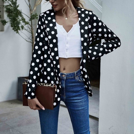 Independent Long-Sleeved Polka-Dot Women Casual Jacket - Black |image