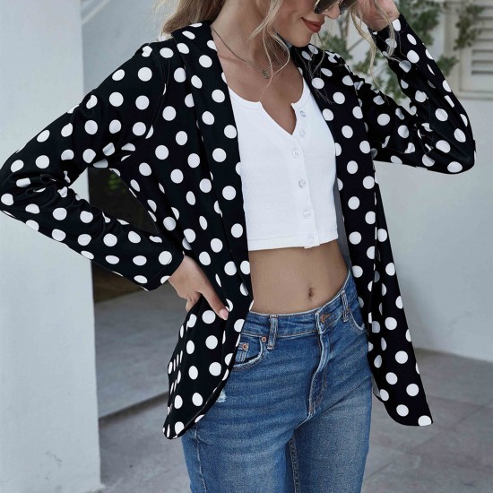 Independent Long-Sleeved Polka-Dot Women Casual Jacket - Black |image