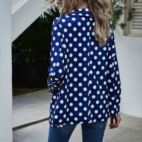 Independent Long-Sleeved Polka-Dot Women Casual Jacket - Blue |image