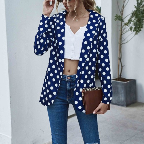 Independent Long-Sleeved Polka-Dot Women Casual Jacket - Blue |image